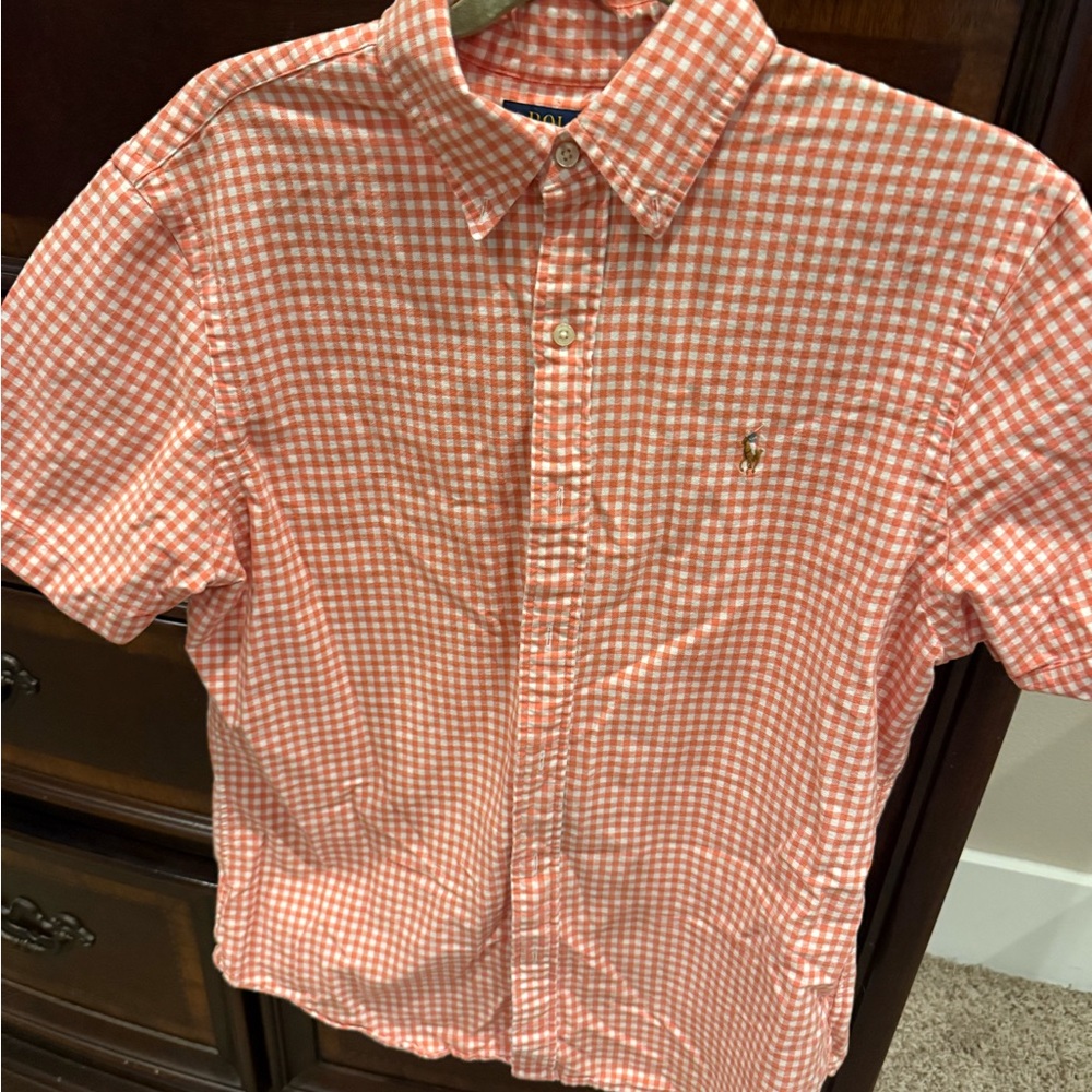 Polo by Ralph Lauren Orange and White Gingham Short-Sleeve Button-Down Shirt